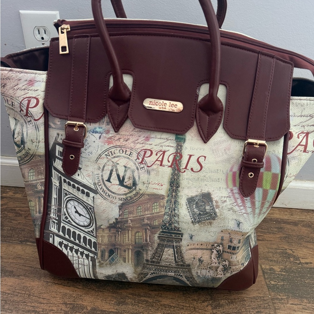 Nicole Lee Brown and Paris Print Rolling Tote - 2 piece set.
